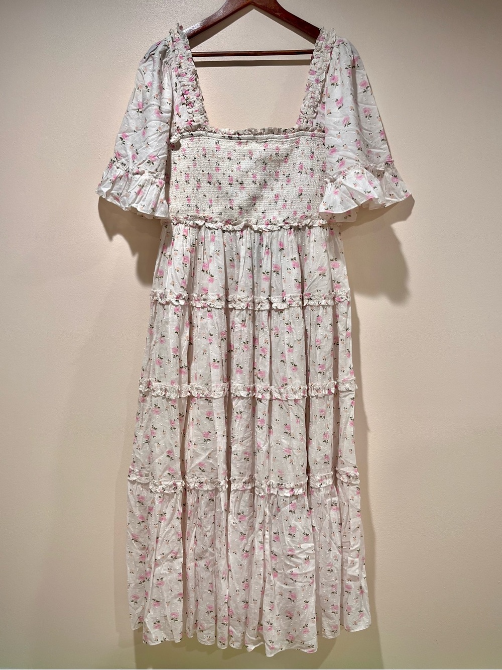 Anthropologie Needle & Thread White Maxi Dress with Pink Floral Print